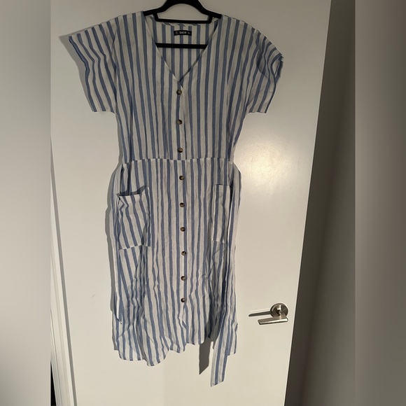 Pocket Front Blue and White Stripe Button Up Belted Dress - Picture 3 of 7